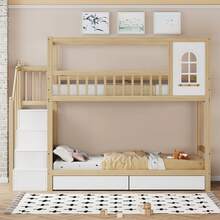 Sairedel Bunk Bed For Children 90*200cm, Solid Wood Double Bed, House Shape With Windows, Fence Design, With Storage Drawers And Ladder, Boys' And Girls' Bed, Teenager's Bed, White - 自然的 - 查看 2