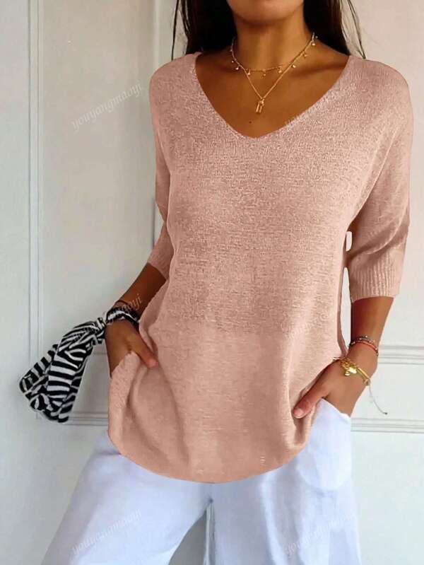 Casual Summer Fashion Women V-Neck Short Sleeve Sweater Pullover, Suitable For Daily Commute, Leisure And Travel