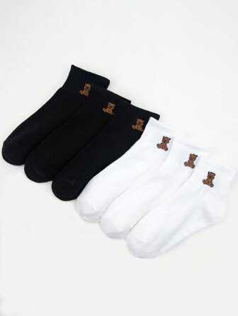 5/6/10 Pairs Black & White Teddy Bear Sailor Socks, Cute & Fashionable Comfortable Versatile Socks Suitable For Daily Wear, Gifts, Sports, Home In Spring/Summer For Men And Women