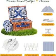 Cestino Picnic 4 Persone, Cesto Picnic Vimini con Coperta Impermeabile e Set di Posate, Set Pic Nic 4 Persone per Campeggio, Cestino Pic Nic Vimini (Blu)