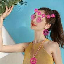 Ensemble d'accessoires de style hippie turquoise incluant des lunettes, un bandeau, un collier avec symbole de paix et des boucles d'oreilles, pour femmes pour Halloween