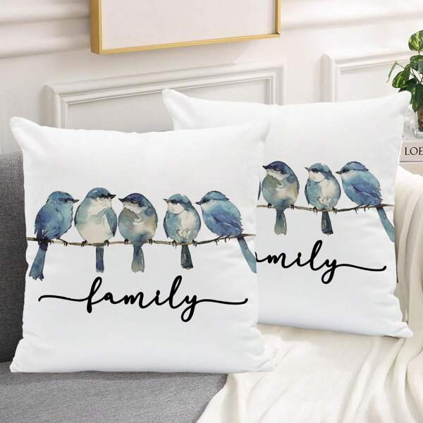 2pcs Fashion Simple Bird Print Pillow Case, Modern Polyester Square Pillow Cover Suitable For Living Room Home Use, Pillow Insert Not Included