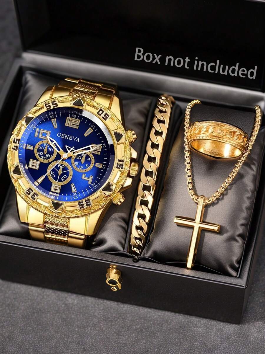 4 Pieces/Set Gold High-End Men's Fashion Watch Set, Classic Simple Design, Large Dial, Birthday Gift, Ideal Gift, Suitable For Daily Wear - Silver - View 1