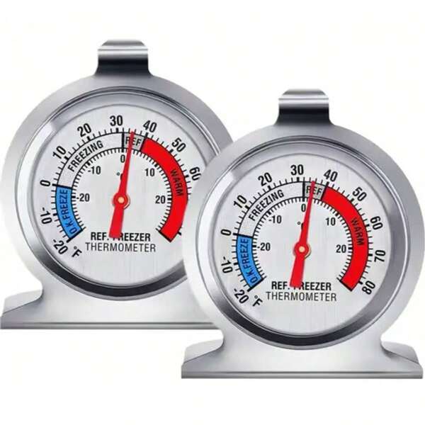 2 Stücke/Set Edelstahl Hochpräzisions Großdisplay Kühlschrankthermometer, analoger Temperaturmesser -30~30°C/-20~60°F mit roter Anzeige, kontaktlos, ideal für Kühlschränke & Gefrierschränke