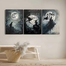 3pcs Dark Ghost Painting, Full Moon, Halloween Decorative Wall Arts Canvas Posters, Black Cat, Crow, Witch, Gothic Art HD Printing Optional Frame, Living Room, Bedroom Home Decoration Hanging Painting Room Decor - Multicolor - View 4