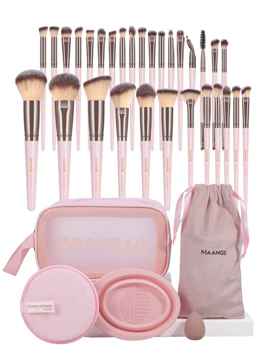 MAANGE 35件套化妆工具套装，包含30支柔软化妆刷套装、1个丝绒化妆包、1个圆形粉扑、1个水滴形粉扑、1个硅胶清洁碗和1个防水洗脸袋。化妆刷套装包含粉底刷、腮红刷、散粉刷和眼影刷。此套装包含多种化妆刷，是化妆工具的理想之选。套装包含各种化妆刷，是完整的化妆套装、化妆刷套装、化妆礼盒套装等。