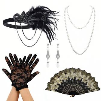 Set de 5 piezas, 1920s, Decoración elegante y retro estilo Hepburn para fiestas, bodas y celebraciones, que incluye diadema, collar de cristal, aretes, guantes y abanico. Serie de estilo Gatsby de conjunto de vestimenta de mujer