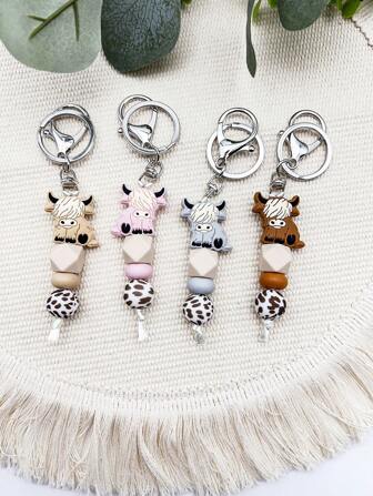 1pc Western Style Cartoon Yak Design Silicone Cow Print Beaded Keychain, Bag Charm, Key Accessory, Gift For Friends And Family School Car Accessories Cute Goth Y2k Bag Lanyards With Id Holder Car Accessories Bag Charms Christmas