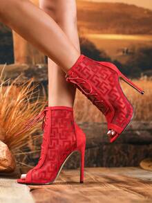 2025 秋冬性感时尚红色网眼露趾 12 厘米细高跟系带休闲百搭靴夜店靴