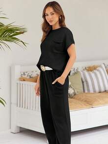 2 Piece Knit Sets Women Sweatsuit Sets - Black - View 4