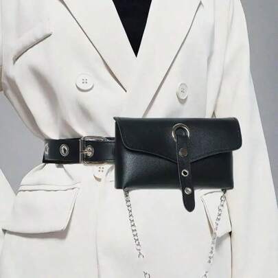 Punk Style JK Uniform Accessories Belt Full Hole Belt, Dark Punk Fashion Versatile Pants Punching Belt Bag, Women's Chain Waist Bag, Phone Pouch Change Money Bag