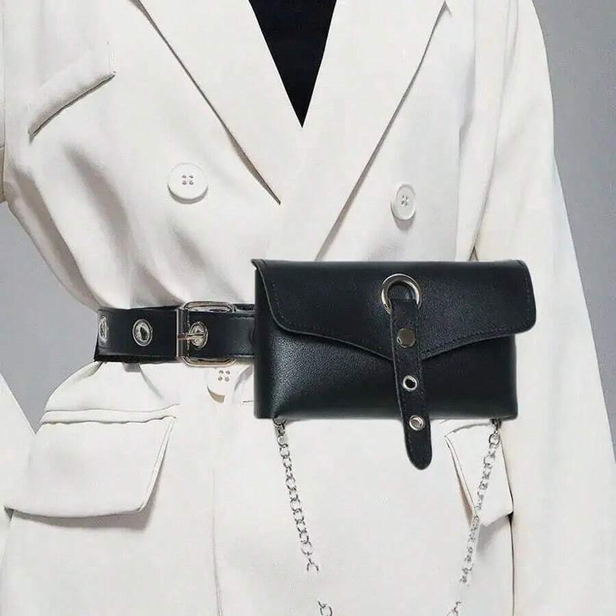 Punk Style JK Uniform Accessories Belt Full Hole Belt, Dark Punk Fashion Versatile Pants Punching Belt Bag, Women's Chain Waist Bag, Phone Pouch Change Money Bag