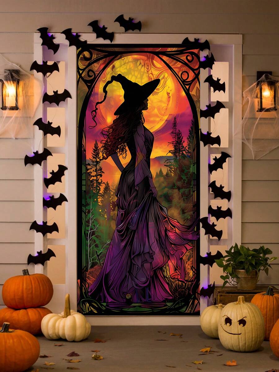 1 pezzo Decorazione per porta di Ognissanti a forma di strega - Elegante sagoma di strega in stile vetro colorato, realizzata in poliestere adatta per interno/esterno, adatta per feste di Ognissanti e decorazioni inquietanti per la casa