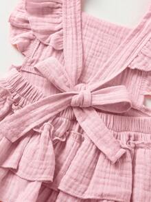 Bộ 2 món trang phục thường ngày thanh lịch ngọt ngào dễ thương cho bé gái, mềm mại và thoải mái, bộ đồ liền thân màu trơn viền bèo nhún và băng đô - Hồng - Xem 7