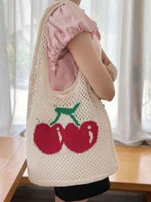 Fashionable Large Capacity Tote Bag, Women's Casual Crochet Hand Bag, Hollow-Out Strawberry Pattern Beach Bag, Lightweight Shoulder Bag Suitable For Teenager Girls, College Students, Vacation, Outdoor Travel, Beach, Daily Use, Travel Essential, Perfect Gift For Women