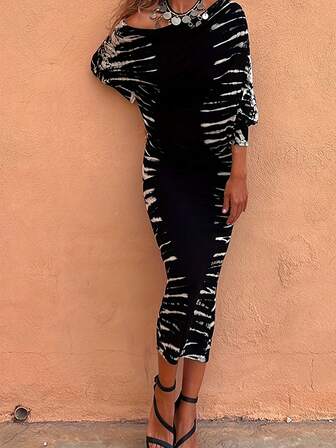 女士休闲度假扎染印花蝙蝠袖连衣裙，春夏款