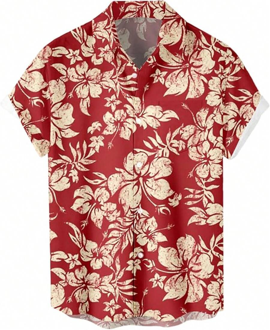 Men's Short Sleeve Button Up Hawaiian Shirt 1950s Vintage Bowling Shirtshalloween - 夏威夷紅黃花 - 查看 1