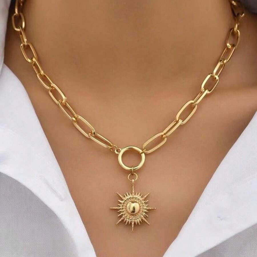 1 pieza Collar con colgante de sol vintage de moda, cadena para el cuello de uso diario