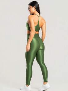 Women's Ribbed Gym Fitness Set, Top And Shiny Sports Leggings - 綠色 - 查看 3
