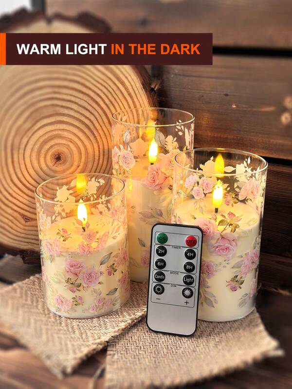1/3pcs Flameless Candle Lights With Timer/Remote Control, Battery Powered, LED Candle Lights With Rose Print, Romantic Decoration Lights For Holiday, Christmas, Valentine's Day, Home, Proposal, Wedding, Gift, Birthday, Party