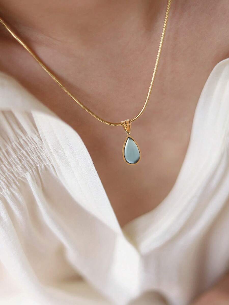 1件复古简约水滴吊坠项链，橄榄绿和蓝色，优雅设计，适合日常佩戴和派对场合 - 金黃色 - 查看 1