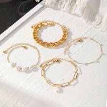 Set de 4 piezas de pulseras de mujer con encantos de corazón y estrella, acento de perla sintética, cadena gruesa de eslabones - Joyería de aleación versátil y elegante para fiestas, de múltiples capas