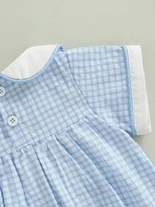 Baby Girl Summer Romper Loose Fit Sailboat Embroidery Plaid Smocked Doll Collar Short Sleeve Infant Jumpsuit - 藍色 - 查看 5