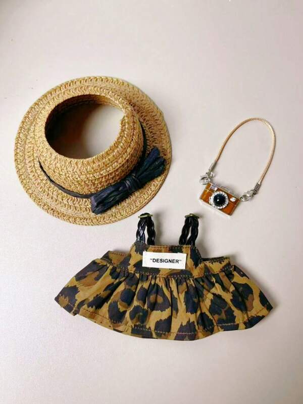Doll Clothes Accessory, Leopard Print Strap Jumpsuit, Key Chain Decor,17cm Doll Clothes