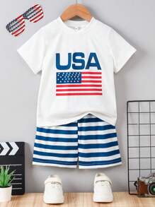 Conjunto de 2 piezas de camiseta de manga corta de cuello redondo y pantalones cortos con estampado de bandera estadounidense, estilo informal para niños