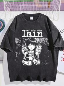 EWH Retro, Vintage, Men's T-Shirt, Lingyin Serial Experiments Lain Theme Print, Washed Craftsmanship, Loose Fit, TopDG004 - màu đen - Xem 1