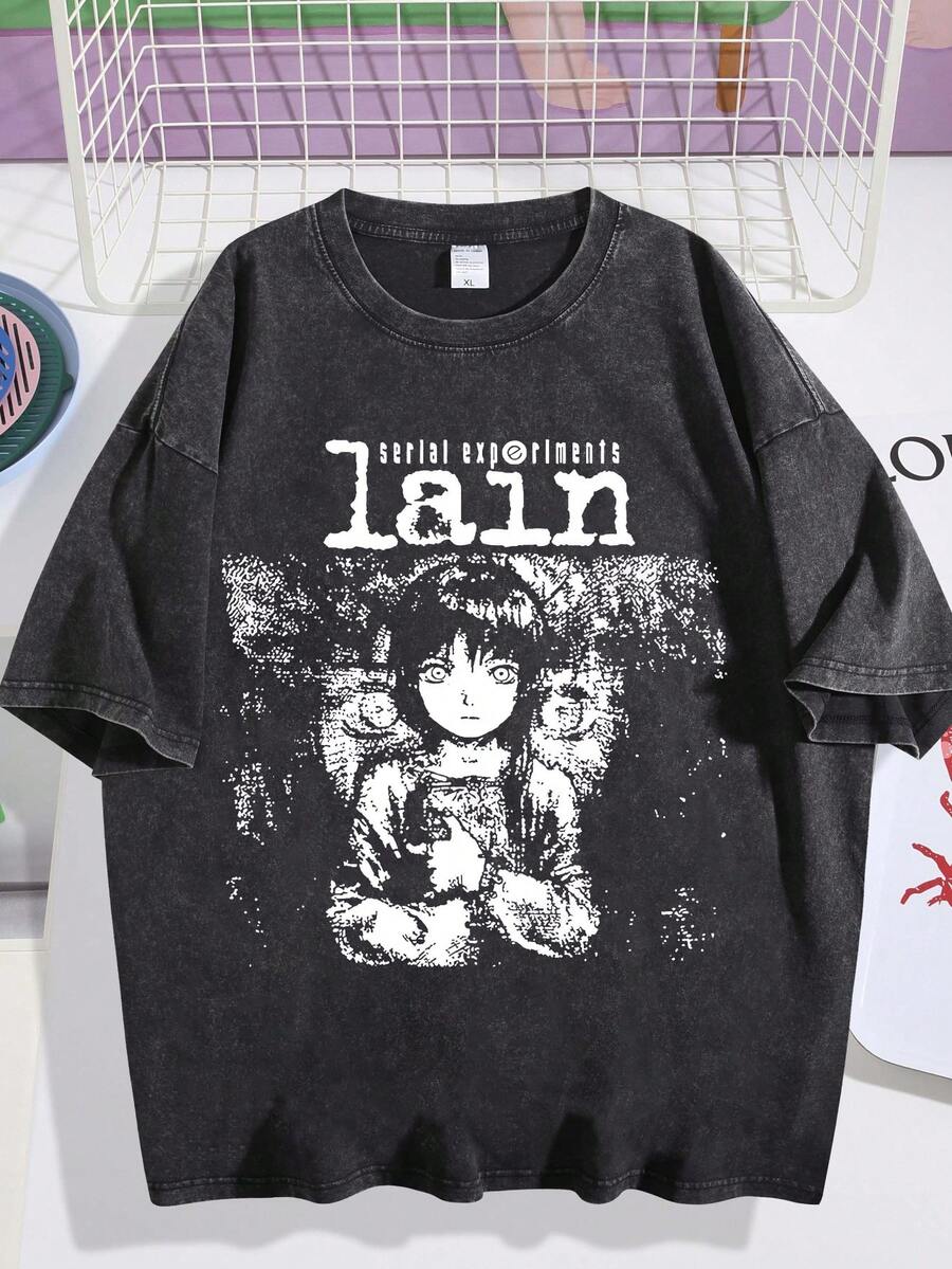 EWH Retro, Vintage, Men's T-Shirt, Lingyin Serial Experiments Lain Theme Print, Washed Craftsmanship, Loose Fit, TopDG004 - màu đen - Xem 1