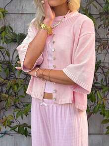 Women Short Sleeve Cropped Cardigan Crew Neck Button Down Ribbed Knitted Pullover Sweaters Y2K Going Out Sweater - Hồng - Xem 3