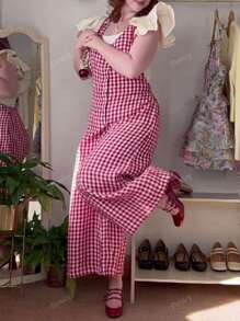Women's Plaid Pattern Print Sleeveless Front Button Backless Spaghetti Strap Long Leg Wide Leg Casual Tube Jumpsuit, Summer