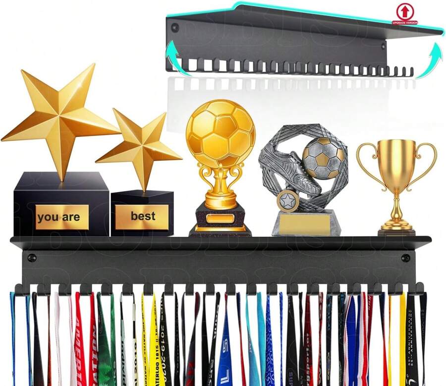IBobbish Metal Medal Hanger Display,Non-Slip Trophy Shelf With 20 Hooks,Wall Mount,Heavy Duty,Non-Bent,Holds 22-33lbs,For Gymnastics,Race,Soccer,Swim - 經典黑色 - 查看 1