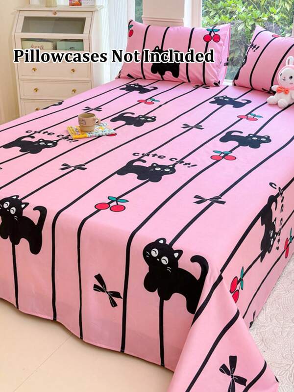 1pc Cartoon Printed Bedsheet, Soft Comfortable Mattress Protector, Kids Cartoon Geometric Bedding Set, Heart Pattern Bedding Set, Home Decor, Fits Twin/Full/Queen/King Size Beds, Suitable For Mother's Day Gift, Machine Washable