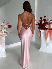 Women's Sexy Satin Criss-Cross Open Back Tie Strap Waist Cocktail Dress - Pink - View 2