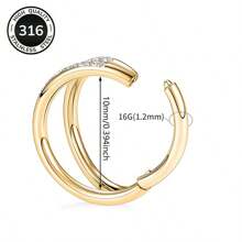 1 anel de septo articulado com incrustação de zircônia cúbica dupla | Joia de piercing de tragus de concha hipoalergênica em aço inoxidável banhado a ouro 18K 16G | Brinco labial com zircônia cúbica dupla | Design simples e elegante para uso diário feminino e presentes em festivais