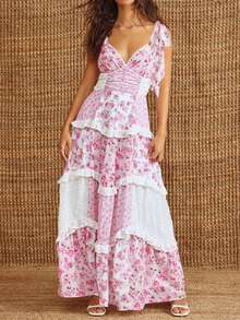 Women's Tie Straps V Neck Floral Print Maxi Dress Sleeveless Lace Patchwork Ruffle Tiered Long Dress Summer Casual Dress - 粉色 - 查看 1