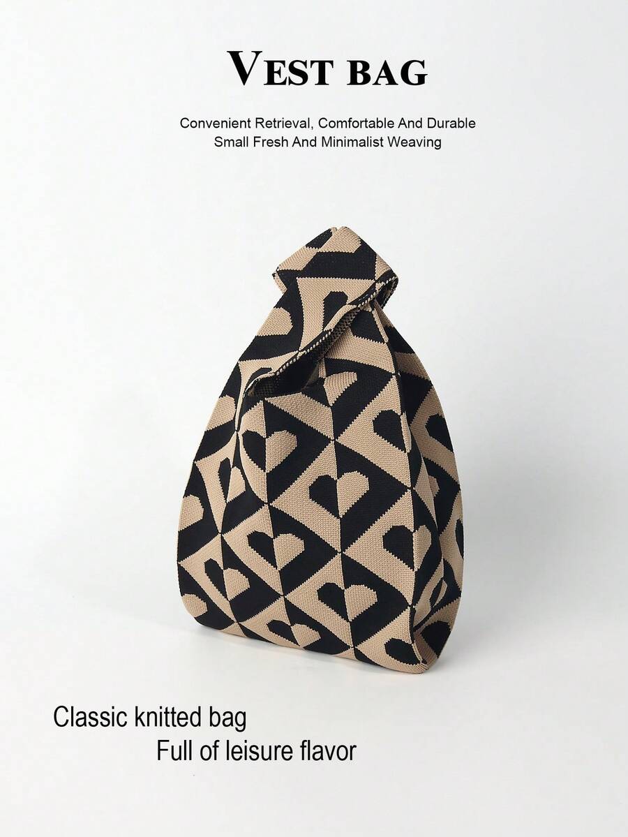 1 件棕色心形钩针镂空透气可折叠休闲手提包，多功能手提包，可装手机、雨伞、化妆品、书籍、iPad、服装，适合日常、度假、上学、通勤、购物、旅行、露营、运动