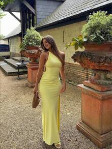 女士针织双层衬里露背系带性感休闲春夏连衣裙 - 黃色 - 查看 1