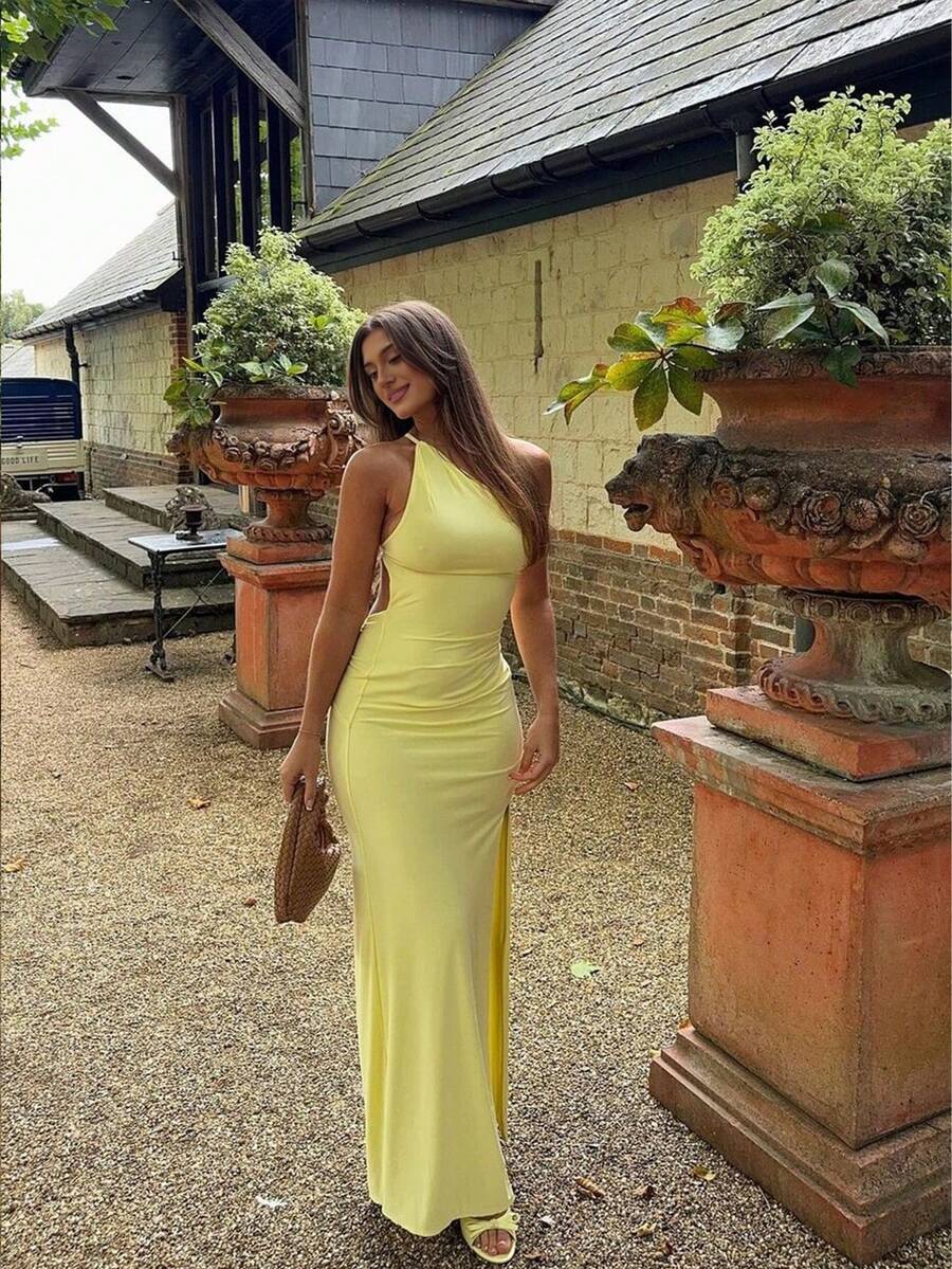 女士针织双层衬里露背系带性感休闲春夏连衣裙 - 黃色 - 查看 1