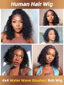 Peruca Bob Sem Cola de 12" Onda de Água com Densidade de 180%, Cabelo Natural com Frente de Laço 4*4 Pré-Arrancado e Descolorido, Tira Ajustável para Ajuste Seguro - Fácil para Iniciantes, Sem Necessidade de Cola, Adequada para Todas as Etnias