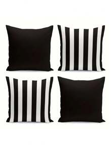 Capas de almofada contemporâneas listradas em preto e branco com fecho de zíper (1/2/4 peças) - Fronhas decorativas de poliéster laváveis à máquina, adequadas para sofá, cama, carro e decoração de casa - perfeitas para vários tipos de cômodos