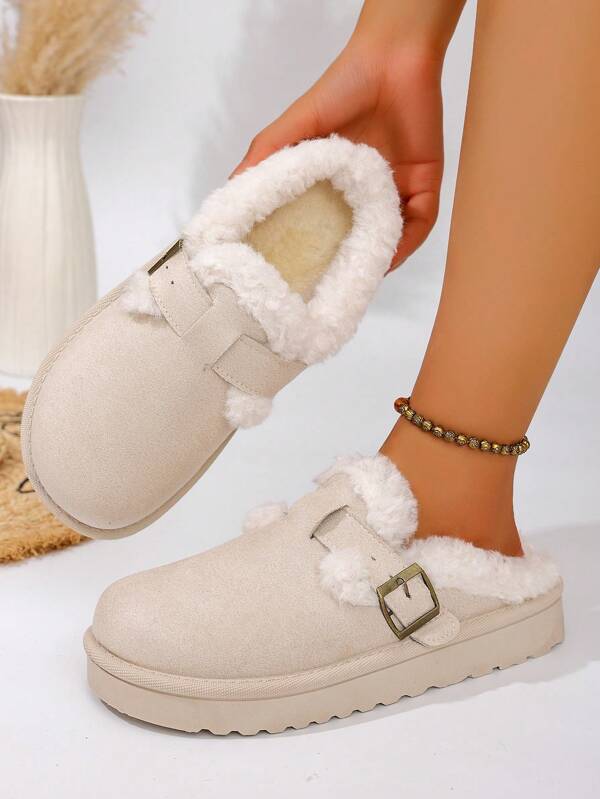 Novas botas femininas de sola grossa, pantufas brancas, elegantes e fofas, com fivela, botas de neve casuais, rasteiras e quentes para uso ao ar livre, para outono/inverno