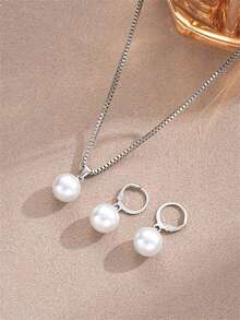 3 Piece Minimalist Faux Pearl Stud Earrings, Necklace Jewelry Set, Suitable For Vacation, Date, Valentine's Day Gift, Everyday Wear, Party - Silver Pearl - View 2
