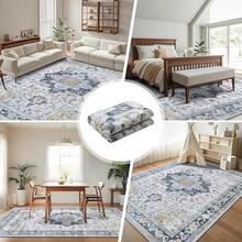 5x7 Vintage Area Rug For Living Room Bedroom, Machine Washable Non Slip Indoor Rug, Thin Throw Floral Low Pile Distressed Carpet For Office Nursery Dining Room Red/Blue, Modern Chic Design - Blue/Orange - View 2