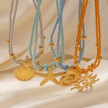 1pc Multi-Layer Colorful Thick Rope Starfish & Seashell Stainless Steel Necklace, Suitable For Women's Daily Vacation Wear