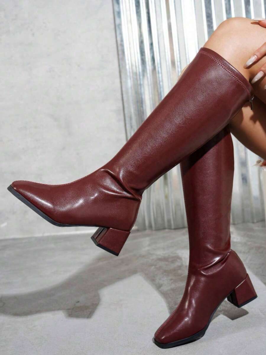 Botas femininas acima do joelho, botas estilo britânico estilo Knight, outono/primavera, salto grosso, botas de cano alto Net Celebrity, botas cor de vinho