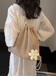 Woven Drawstring Backpack For Women, Simple & Fashion Handbag, Beige Crochet Sling Bag With Open Design, New Minimalist Hollow Knitted Drawstring Backpack, Bohemian Crochet Tote Bag - Stylish Summer Beach Shoulder Bag, Suitable For Casual Outings And Relaxation, Beach Bag For Beach And Casual Wear, Beach Essential, School Backpack
