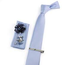 ZONFAZ 5pcs/Set Men's Business Wedding Party Tie & Handkerchief & Cufflinks & Brooch & Tie Clip Combo - Blue - View 4
